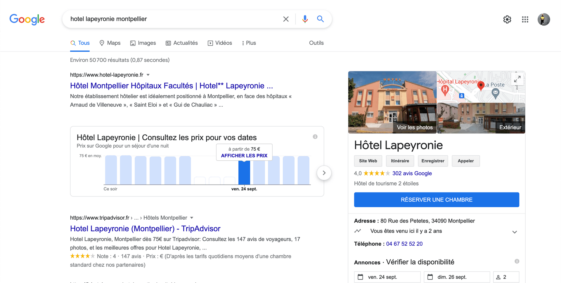 Capture d'écran du moteur de réservation Thaïs affiché dans les résultats de recherche Google